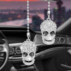 img 1 attached to 🚗 Enhance Your Ride with Alotex Bling Car Accessories: White Skull Hanging Car Charms for Rear View Mirror - Lucky Crystal Car Decoration for Women & Men