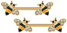 img 4 attached to Dainty Bee Nipple Barbell 14g: Stylish 🐝 Yellow Epoxy CZ Nipple Ring for Trendy Body Piercing