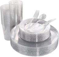 🍽️ 150-piece set of silver plastic plates with disposable silverware and silver cups - elegant silver glitter design: includes 25 dinner plates, 25 salad plates, 25 forks, 25 knives, 25 spoons, and 10oz plastic cups logo