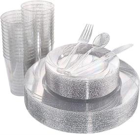 img 4 attached to 🍽️ 150-Piece Set of Silver Plastic Plates with Disposable Silverware and Silver Cups - Elegant Silver Glitter Design: Includes 25 Dinner Plates, 25 Salad Plates, 25 Forks, 25 Knives, 25 Spoons, and 10oz Plastic Cups