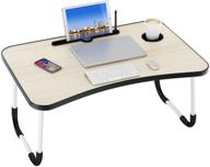 ruitta laptop bed tray table - foldable lap desk stand with cup holder, pen slot, and reading holder - bed desk tray breakfast tray for bed, couch, sofa, and floor - beige logo