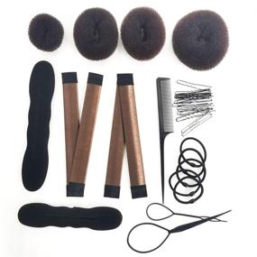 img 4 attached to 🎀 Complete Hair Bun Kit: 4 Hair Donut Bun Makers, 2 Foam Sponge Bun Shapers, French Twist Clip, Snap Bun Makers, Comb, Elastic Bands, Pins – Brown Hair Accessories