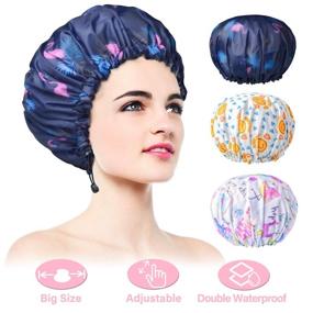 img 4 attached to 🚿 Extra Large & Adjustable 3 Packs Shower Cap - Double Layer Waterproof Hair Cap for Women with Oversized Design, Adjustable Hem and EVA Lining