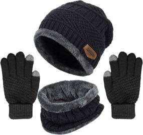 img 4 attached to 🧤 Winter Knit Beanie Hat Set with Neck Warmer, Fleece Lined Skull Cap, Infinity Scarves, and Touch Screen Mittens for Men and Women