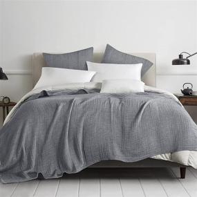 img 3 attached to 🛋️ PHF 100% Cotton Muslin Blanket Twin Size 66" x 90", Yarn Dyed 3 Layers Ultra Soft Lightweight Breathable Blanket, Perfect Couch Bed Sofa Layer, Elegant Grey Bluish Home Decoration