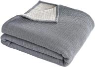 🛋️ phf 100% cotton muslin blanket twin size 66" x 90", yarn dyed 3 layers ultra soft lightweight breathable blanket, perfect couch bed sofa layer, elegant grey bluish home decoration logo