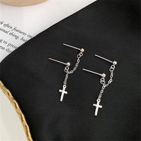 img 3 attached to ⚒️ 925 Sterling Silver Double Piercing Chain Cross Tiny Ball Stud Earrings for Women and Girls - Dainty Threader Tassel Cartilage Drop Dangle - Hypoallergenic Gift for BFF or Daughter