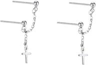 ⚒️ 925 sterling silver double piercing chain cross tiny ball stud earrings for women and girls - dainty threader tassel cartilage drop dangle - hypoallergenic gift for bff or daughter logo