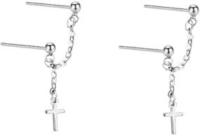 img 4 attached to ⚒️ 925 Sterling Silver Double Piercing Chain Cross Tiny Ball Stud Earrings for Women and Girls - Dainty Threader Tassel Cartilage Drop Dangle - Hypoallergenic Gift for BFF or Daughter