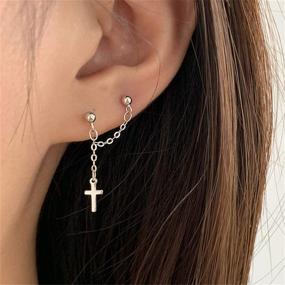 img 2 attached to ⚒️ 925 Sterling Silver Double Piercing Chain Cross Tiny Ball Stud Earrings for Women and Girls - Dainty Threader Tassel Cartilage Drop Dangle - Hypoallergenic Gift for BFF or Daughter