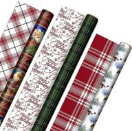 🎁 hallmark reversible christmas wrapping paper (3 rolls: 120 sq. ft. ttl) vintage santa, snowmen, traditional green, red and white plaid designs logo