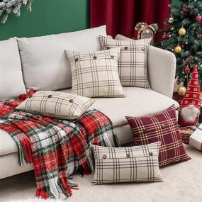img 1 attached to MIULEE Set of 2 Decorative Linen Throw Pillow Covers - Christmas Triple Button Pillowcases - Farmhouse Retro Plaid Cushion Cases - 18x18 Inch Cream - Couch Sofa Bed