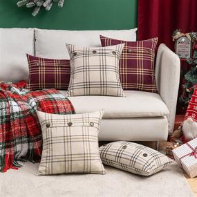 img 3 attached to MIULEE Set of 2 Decorative Linen Throw Pillow Covers - Christmas Triple Button Pillowcases - Farmhouse Retro Plaid Cushion Cases - 18x18 Inch Cream - Couch Sofa Bed