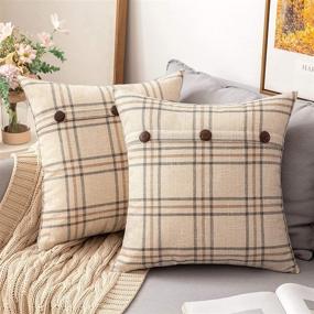img 4 attached to MIULEE Set of 2 Decorative Linen Throw Pillow Covers - Christmas Triple Button Pillowcases - Farmhouse Retro Plaid Cushion Cases - 18x18 Inch Cream - Couch Sofa Bed