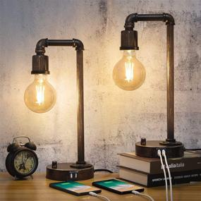 img 4 attached to 💡 Rustic Industrial Table Lamps Set with Dimmable Vintage Appeal, USB Ports, and LED Bulbs - Perfect for Bedroom, Living Room, or Office Décor