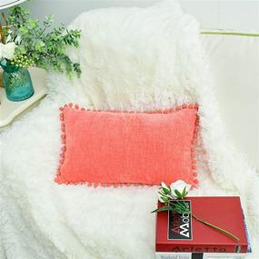 img 2 attached to CaliTime Cozy Solid Dyed Chenille Pillow Case Set with Pom Poms for Home Decoration - Pack of 2, 12 X 20 Inches (Living Coral) - Ideal for Couch, Sofa