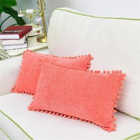 img 1 attached to CaliTime Cozy Solid Dyed Chenille Pillow Case Set with Pom Poms for Home Decoration - Pack of 2, 12 X 20 Inches (Living Coral) - Ideal for Couch, Sofa