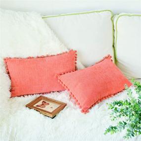 img 3 attached to CaliTime Cozy Solid Dyed Chenille Pillow Case Set with Pom Poms for Home Decoration - Pack of 2, 12 X 20 Inches (Living Coral) - Ideal for Couch, Sofa