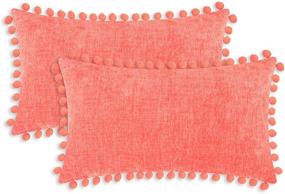 img 4 attached to CaliTime Cozy Solid Dyed Chenille Pillow Case Set with Pom Poms for Home Decoration - Pack of 2, 12 X 20 Inches (Living Coral) - Ideal for Couch, Sofa