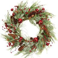 🎄 20 inch artificial christmas wreath with red jingle bells, berries, pinecones, and pine needles - glitter winter door wreath for festive christmas decorations логотип