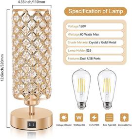 img 3 attached to 🌟 Set of 2 Ganiude Crystal 3-Way Dimmable Touch Control Table Lamps with Dual USB Charging Ports - Nightstand Gold Light Fixtures, Elegant Decorative Bedside Desk Lighting for Living Room, Bedroom (LED Bulbs Included)