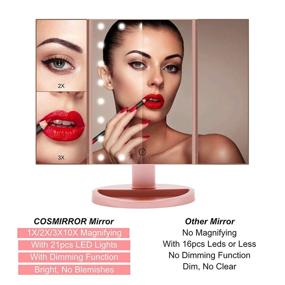 img 2 attached to 💄 Rose Gold Trifold Makeup Mirror with 21 LED Lights, COSMIRROR - Touch Screen, 1X/2X/3X/10X Magnification, 180° Rotation, Dual Power Supply - Enhance Your Makeup Routine