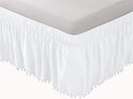 🛏️ pom pom white bed skirt queen/king size - adjustable elastic belt, 14 inch drop, wrap around dust ruffle logo