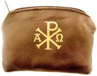 wj hirten ave maria and chi rho cross sheepskin leather rosary case with velvet lining, brown, 3.25 inch logo