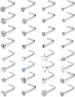 💎 fibo steel 32 pcs stainless steel l shaped nose stud set for women - cz ball, opal moon, star, heart labret studs - 20g body piercing jewelry logo