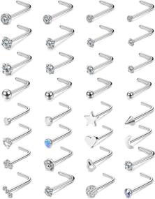 img 4 attached to 💎 FIBO STEEL 32 Pcs Stainless Steel L Shaped Nose Stud Set for Women - CZ Ball, Opal Moon, Star, Heart Labret Studs - 20G Body Piercing Jewelry