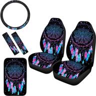 🚗 bigcarjob auto accessories - dream catcher printed front saddle blanket seat cover with 2pc belt pad, 1pc center console armrest pad, and 1pc 15 inch steering wheel cover set of 6 pcs logo