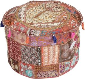 img 2 attached to 🧡 GANESHAM Indian Hippie Vintage Cotton Floor Pillow & Cushion Patchwork Bean Bag Chair Cover Boho Bohemian Hand Embroidered Handmade Pouf Ottoman - Brown, 13-inch Height x 22-inch Diameter (inches)