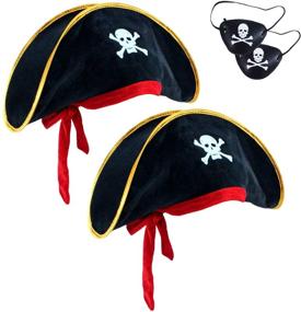 img 4 attached to 🏴 Skull Print Pirate Captain Costume Cap - Pirate Accessories for Caribbean Fancy Dress with Eye Patch - Funny Party Hat for Pirates - Set of 2