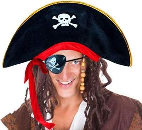 img 1 attached to 🏴 Skull Print Pirate Captain Costume Cap - Pirate Accessories for Caribbean Fancy Dress with Eye Patch - Funny Party Hat for Pirates - Set of 2