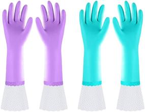 img 4 attached to 🧤 Latex-Free Reusable Long Dishwashing Cleaning Gloves with Long Cuff and Cotton Lining - 2 Pairs (Purple+Blue, Large)