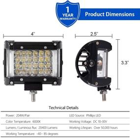 img 2 attached to 🚀 Высокопроизводительные LED-подсветки с боковым освещением, 4 дюйма 204 Вт, IP68, световые комбинации LED для заднего хода, светодиодные подсветки с дальним светом для бездорожья для пикапа, джипа, кемпера, ATV, UTV, SUV, мотоцикла, лодки, с гарантией на один год, 2 шт.