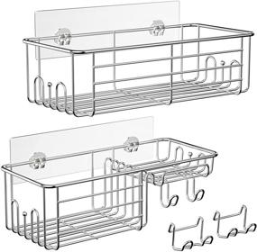 img 4 attached to 2 Pack Self Adhesive Shower Caddy Basket Shelf Set by PRAVIX with Soap Holder & Hooks - SUS304 Stainless Steel Bathroom Organizer for Wall Mounting in Bathroom, Kitchen, Toilet, RV