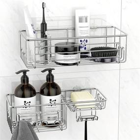 img 3 attached to 2 Pack Self Adhesive Shower Caddy Basket Shelf Set by PRAVIX with Soap Holder & Hooks - SUS304 Stainless Steel Bathroom Organizer for Wall Mounting in Bathroom, Kitchen, Toilet, RV