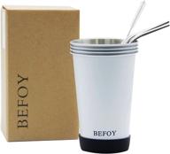 🥛 befoy stainless steel drinking cups - 4-pack 16oz unbreakable pint cups, stackable beer cup with straw, rust-free for home & outdoor use (white) logo