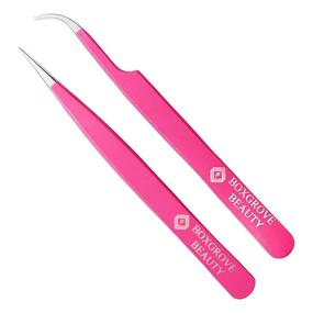 img 4 attached to 🔪 Premium Stainless Steel Lash Tweezers for Eyelash Extensions - Pack of 2, Straight and Curved Tip, Pink - False Lash Application Tools