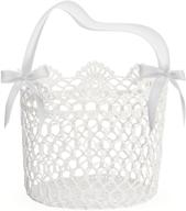 white unomor flower girl basket with silk ribbon handle and box packaging - ideal for wedding decor - 5x5x5 inches logo