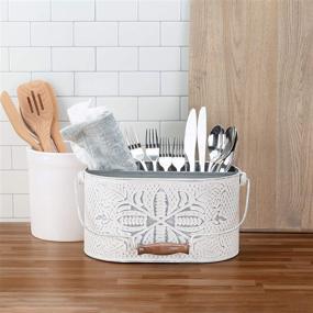 img 3 attached to 🛠️ Craftsman Road Distressed White Metal Caddy – Farmhouse Galvanized Kitchen Organizer: Vintage Rustic Multi-Compartment Holder for Napkins, Plates, Cutlery & Cleaning Supplies