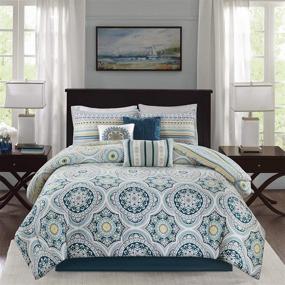 img 4 attached to 🛏️ Madison Park Mercia Bed Comforter Set: Luxurious Teal 7-Piece Bed in A Bag for Queen-Size Beds, 100% Cotton Sateen Bedroom Comforters