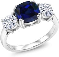 💍 stunning 925 sterling silver blue created sapphire and forever classic created moissanite 3-stone women engagement ring - cushion cut, 3.50ct by charles & colvard, available in size 5, 6, 7, 8, 9 logo