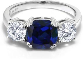 img 3 attached to 💍 Stunning 925 Sterling Silver Blue Created Sapphire and Forever Classic Created Moissanite 3-Stone Women Engagement Ring - Cushion Cut, 3.50ct by Charles & Colvard, Available in size 5, 6, 7, 8, 9