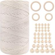 🧶 natural cotton macrame cord kit - 3mm x 220 yards, includes 44pcs assorted wooden beads, ideal for crafts, kitting, wall hanging, and plant hangers - perfect for adults and beginners logo