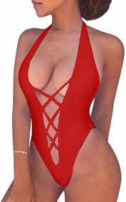img 4 attached to BEAGIMEG Women's Halter V Neck Swimsuit - Sexy One Piece Swimwear for Bathing