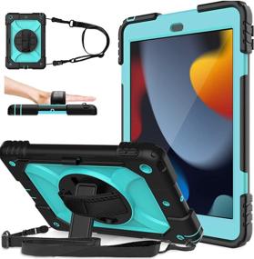 img 4 attached to LEDNICEKER iPad 10.2 Case for 9th/8th/7th Generation - Three Layer Protective 📱 Kids Case with 360° Rotating Stand, Hand Strap, Pencil Holder - Black Light Blue