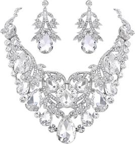 img 4 attached to 💎 BriLove Crystal Teardrop Filigree Leaf Bohemian Statement Necklace Dangle Earrings Set for Women