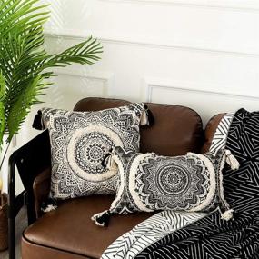 img 2 attached to 🌼 OJIA Farmhouse Mandala Throw Pillow Cover - Black & Cream Square Pillowcase with Neutral Tufting and Tassels - Bohemian Accent Cushion Cover for Couch, Sofa, Living Room Decor - 18x18 Inch Mandala Design